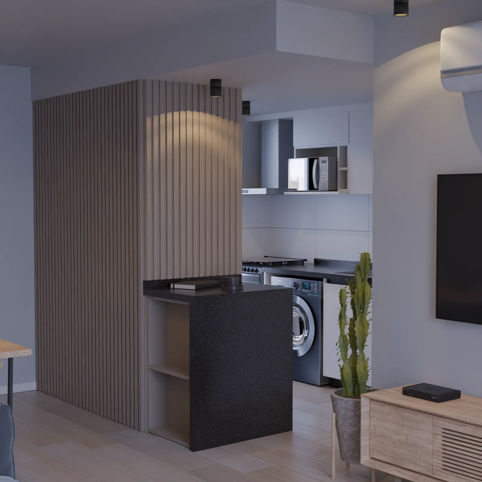Barra y cocina de un departamento de un dormitorio