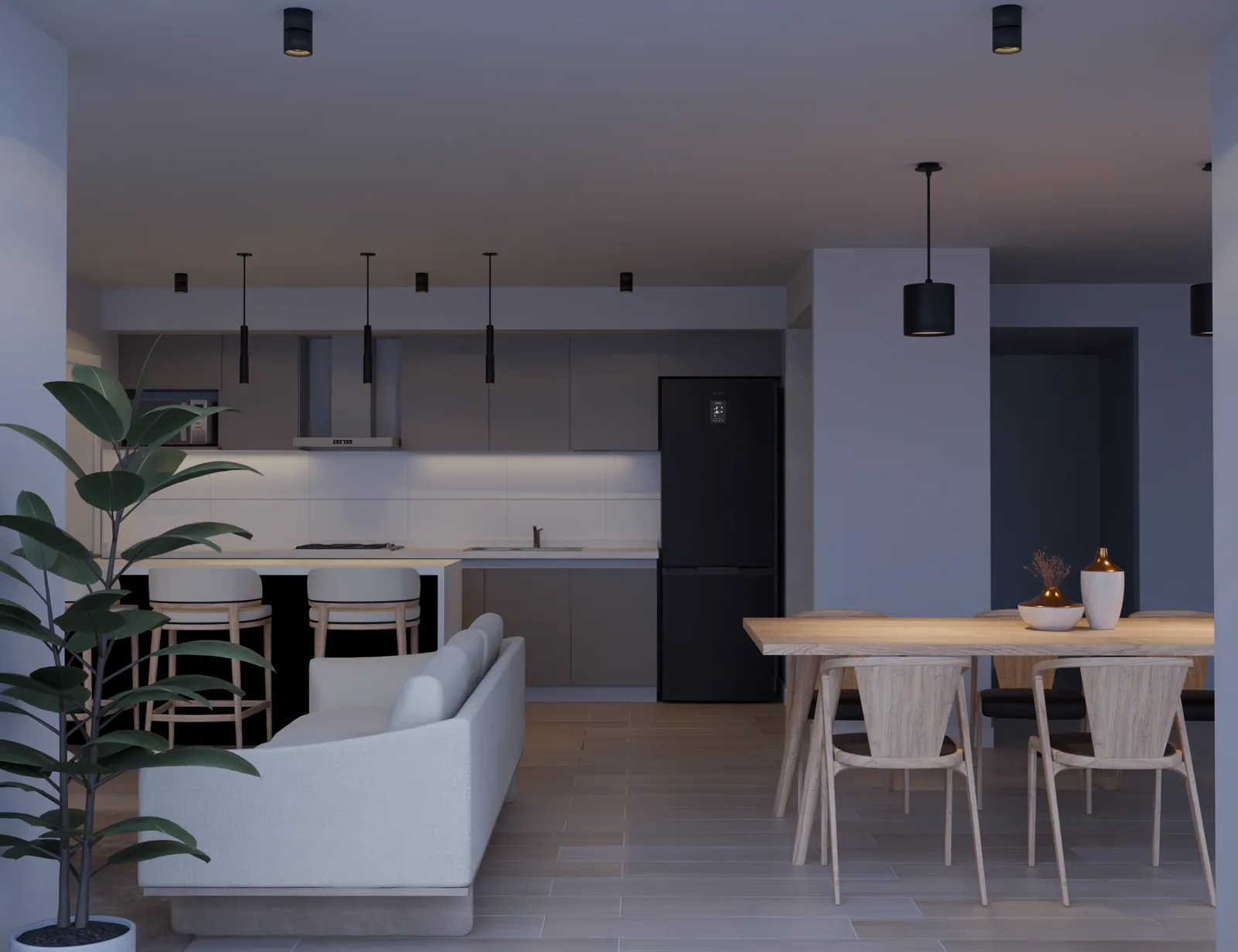 Cocina con isla y comedor