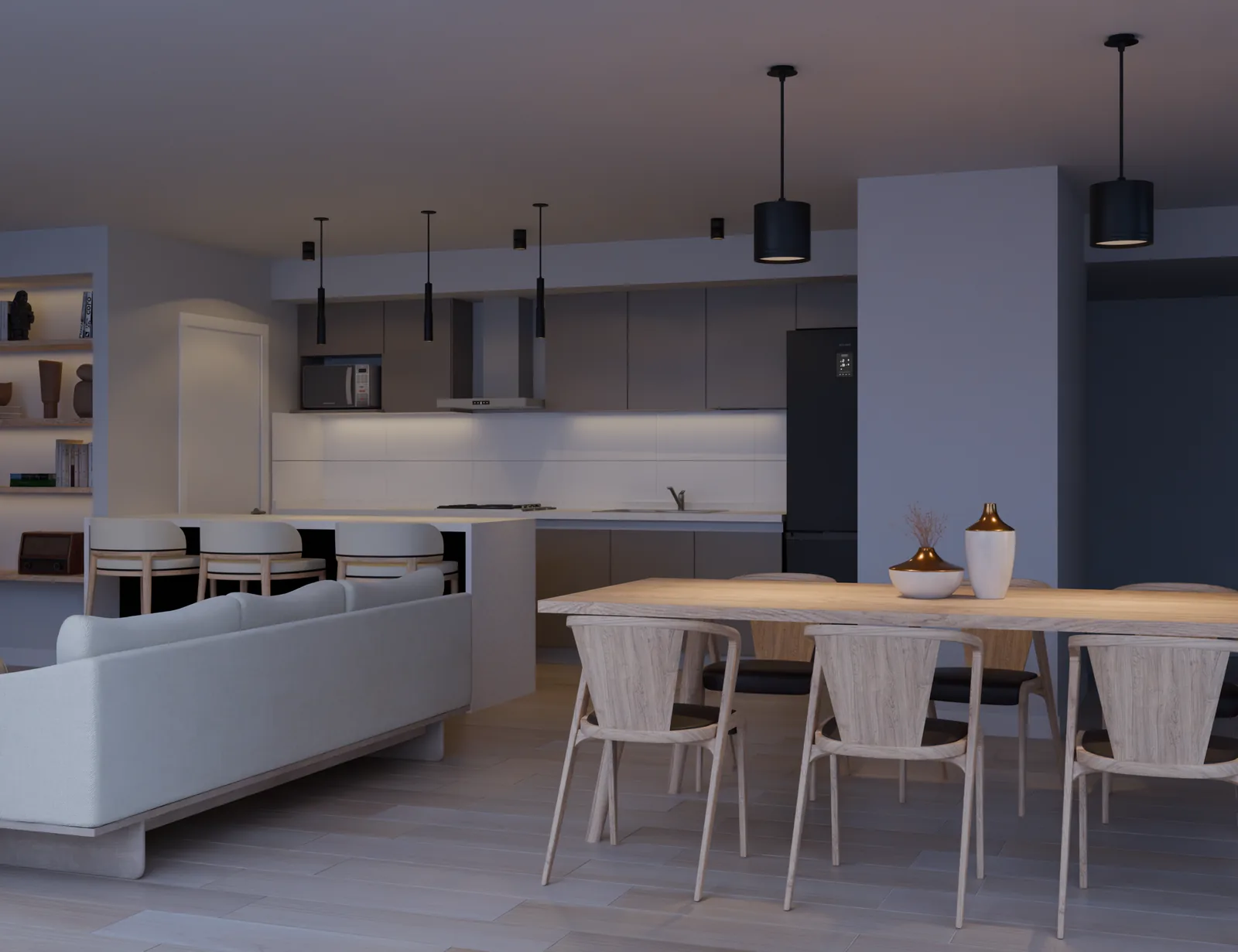 Estar comedor con cocina integrada, dos dormitorios al contrafrente