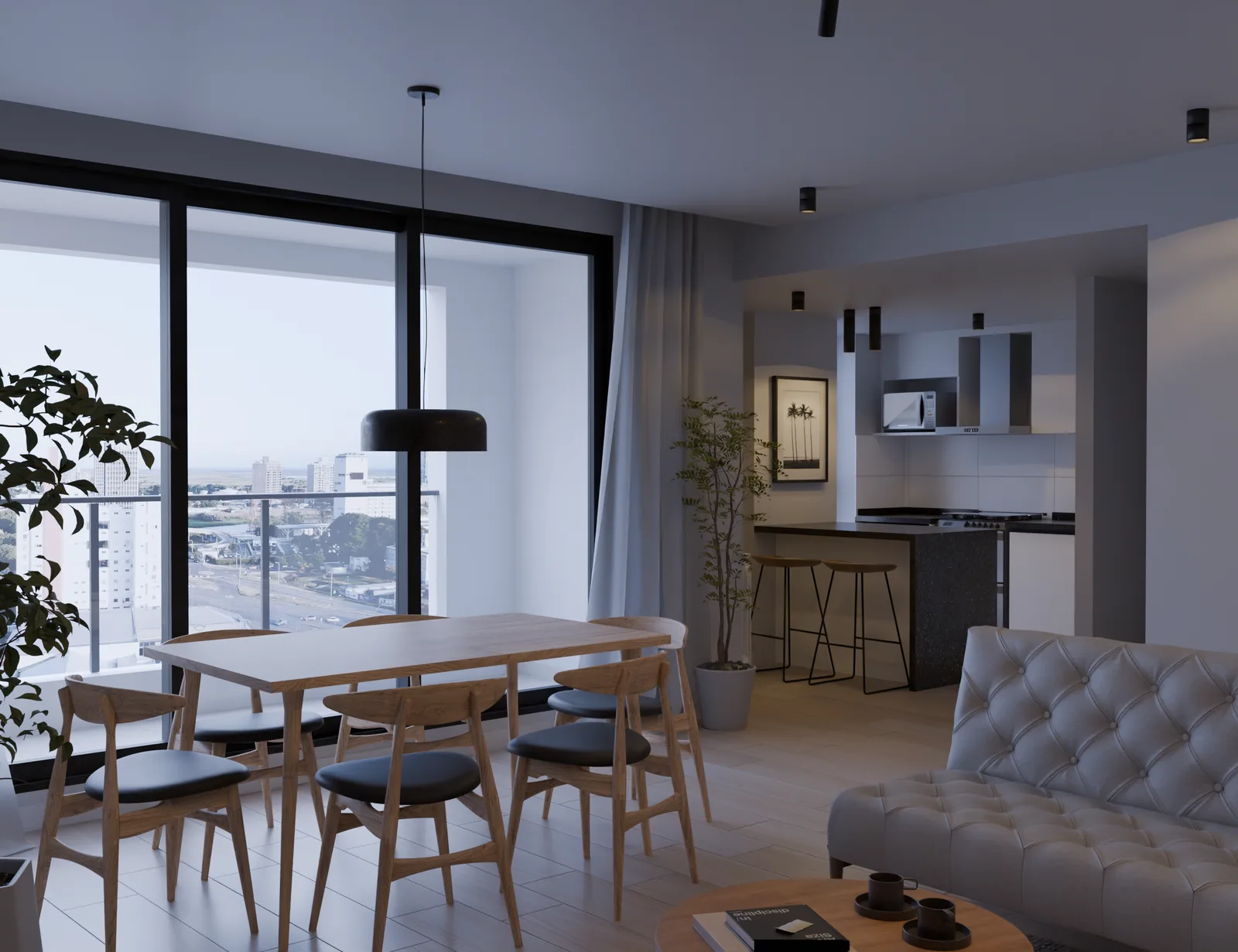 Comedor con ventanal al balcón y cocina al fondo