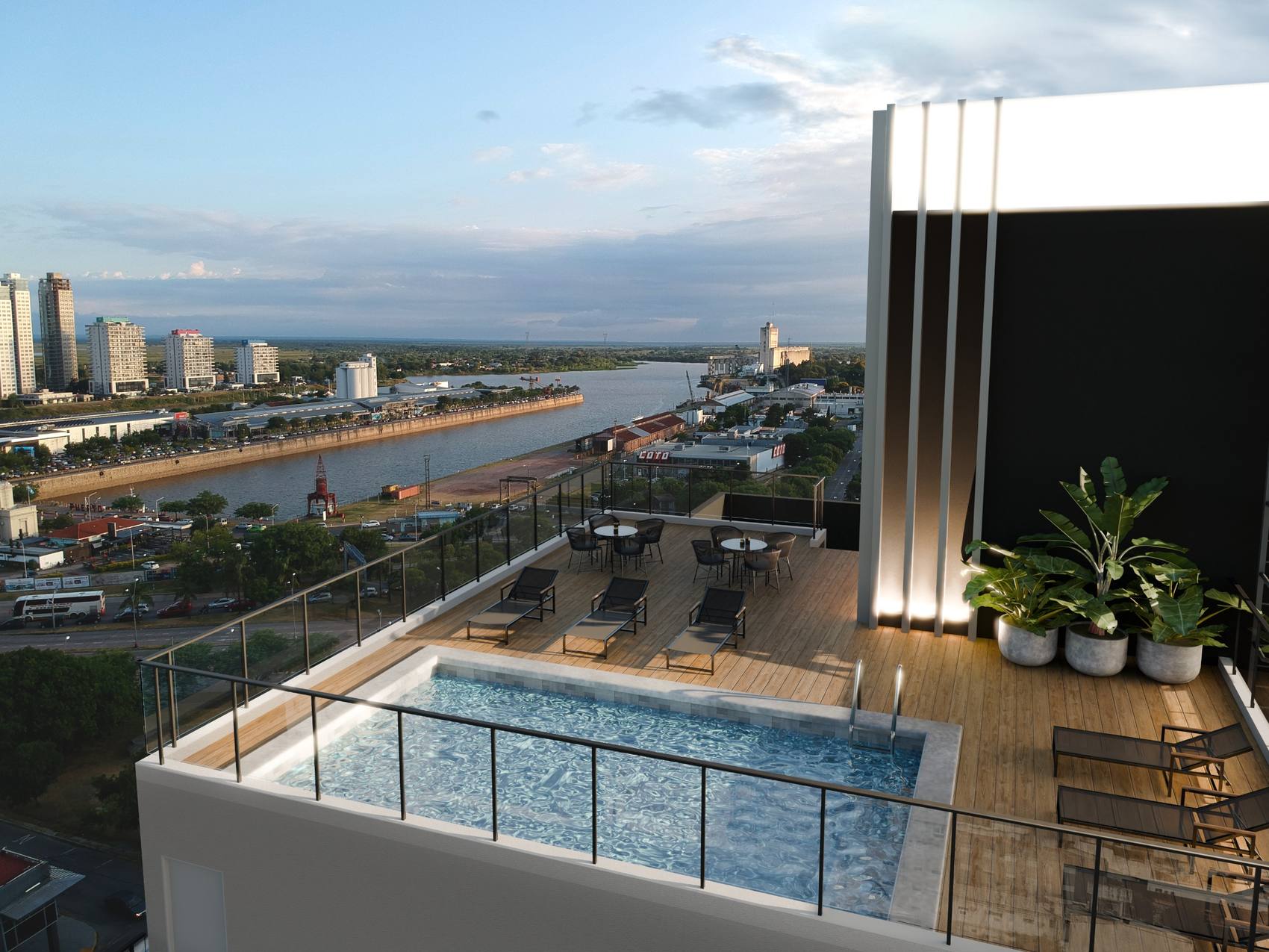 Piscina y solárium en el piso 23 de Torre Faro