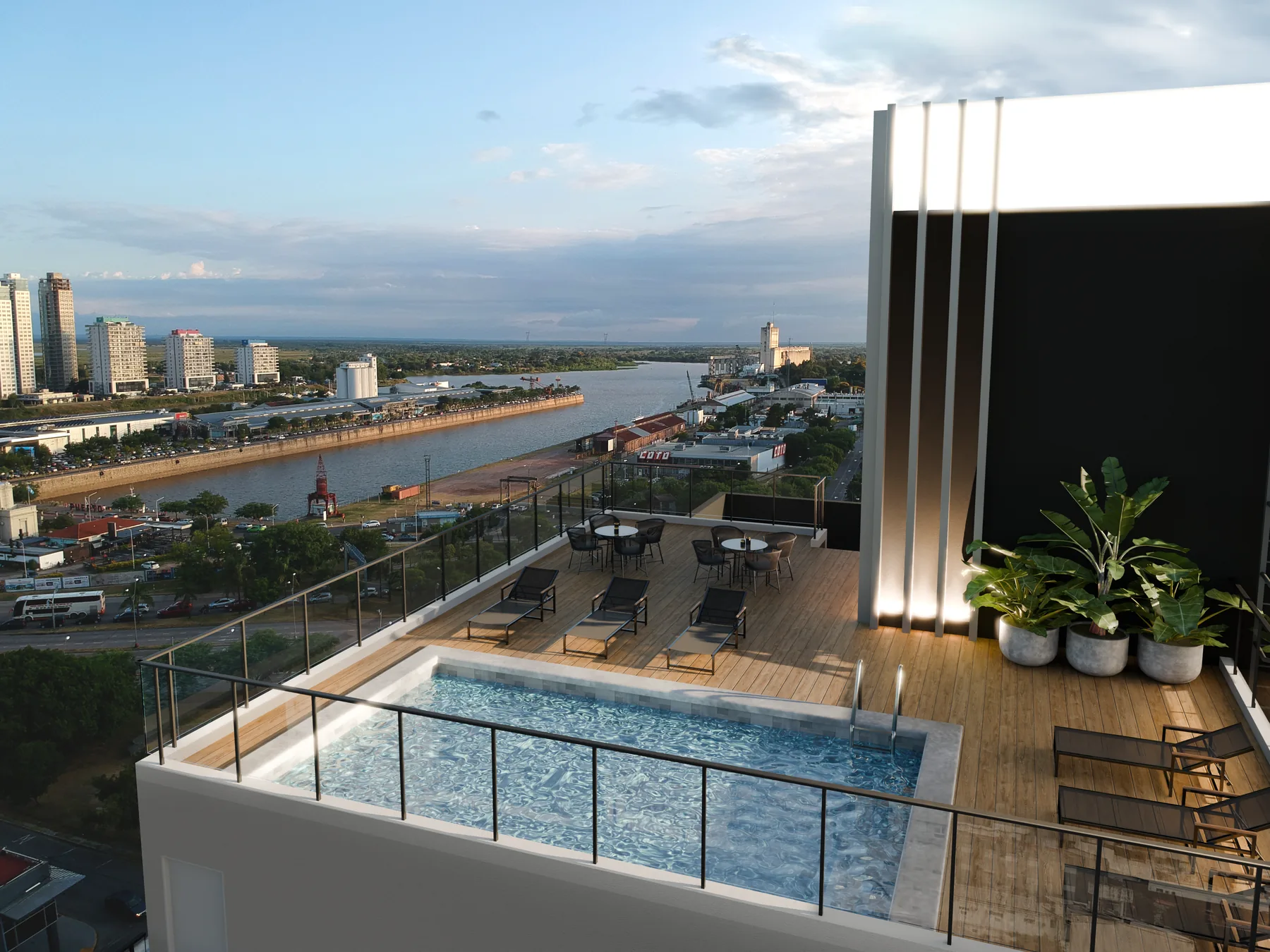 Piscina y solárium en el piso 23, con vista al río y al puerto