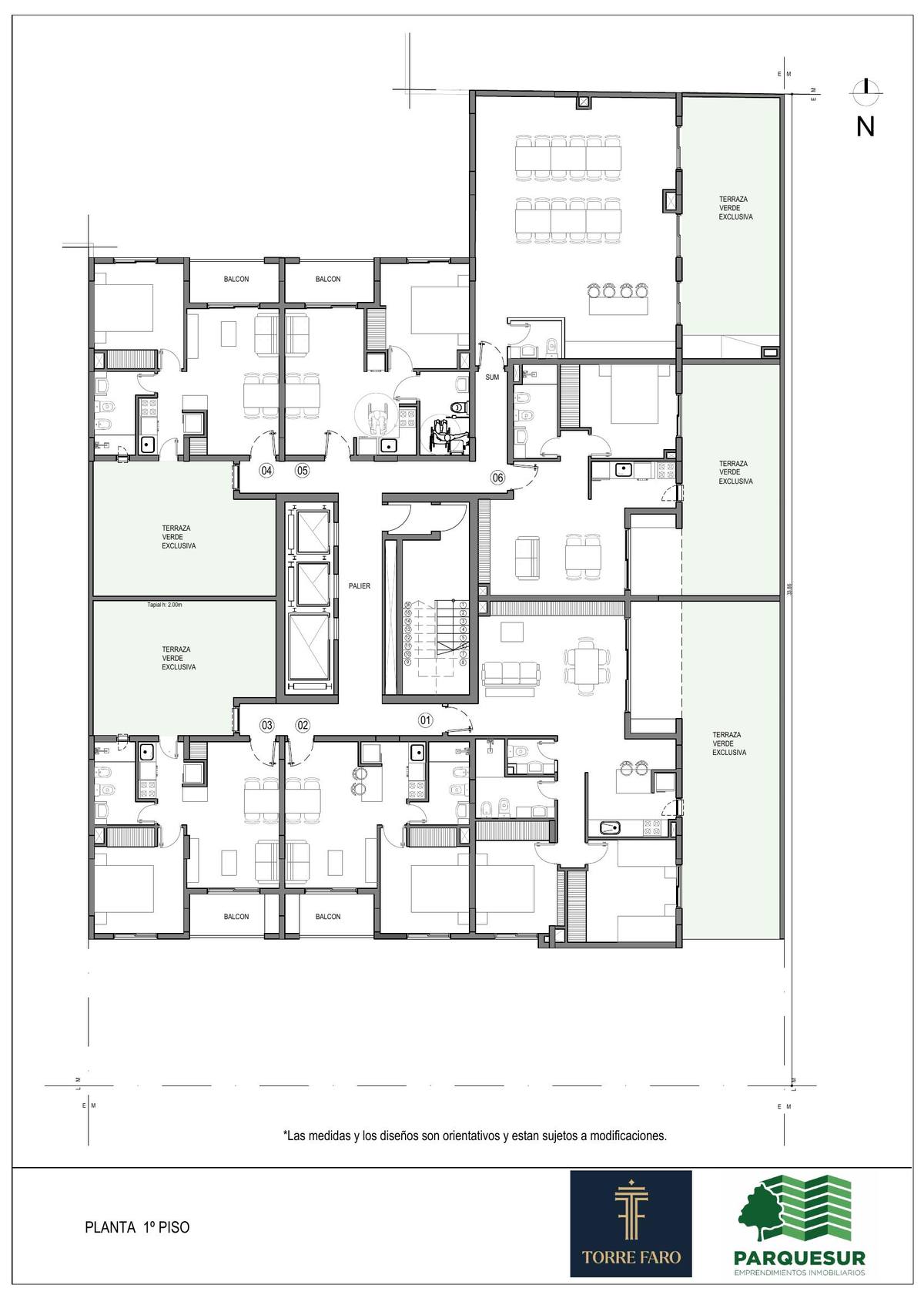 Planta 1º piso con terrazas verdes exclusivas y SUM
